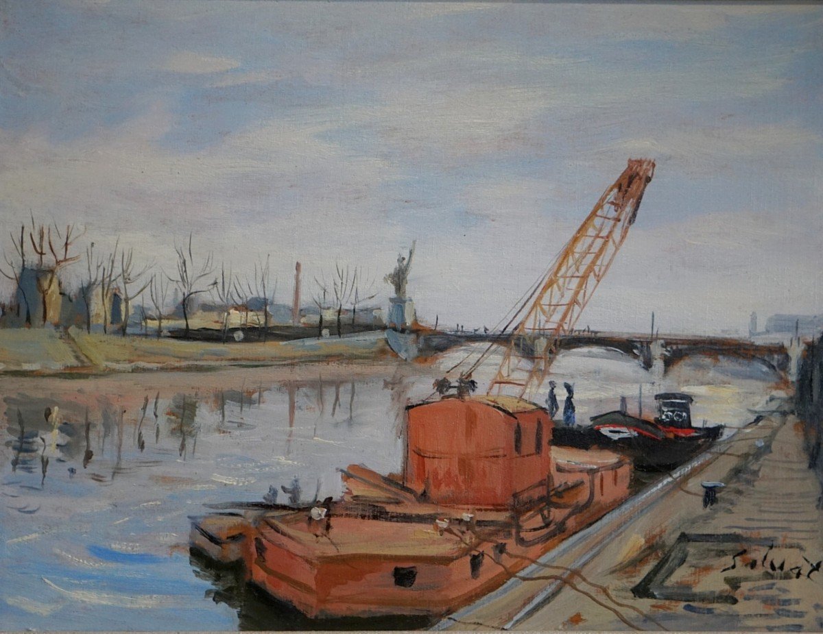 PARIS ANNÉES 20 / PONT DE GRENELLE / ÎLE DES CYGNES / F-M SALVAT (1892-1976) / huile-photo-2