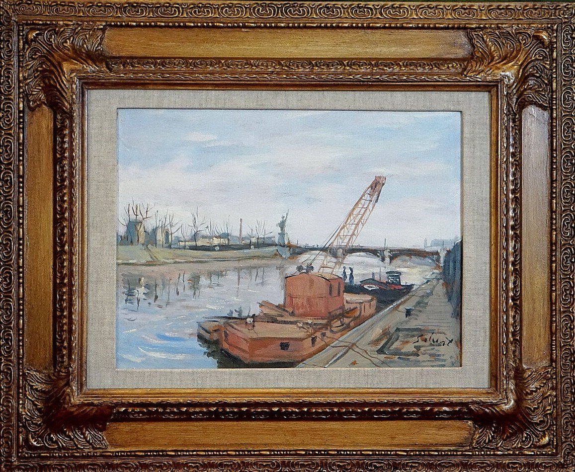 PARIS ANNÉES 20 / PONT DE GRENELLE / ÎLE DES CYGNES / F-M SALVAT (1892-1976) / huile