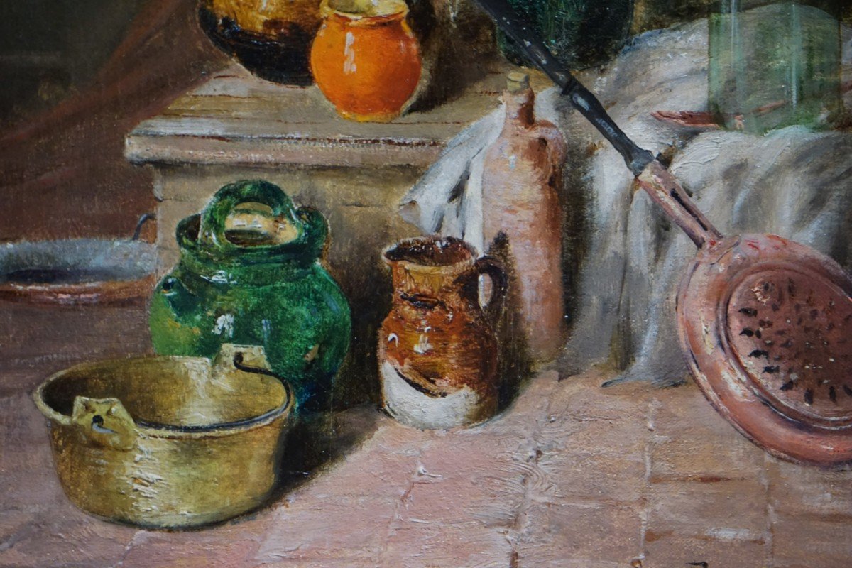 Still Life With Old Kitchen Utensils / Albert Brument (1905) / Oil On Canvas-photo-3