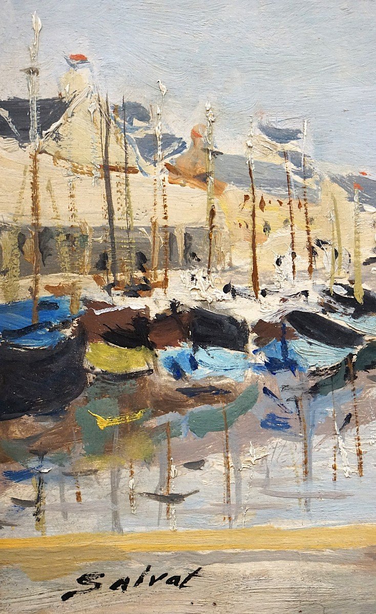 VUE DU PORT-EN-BESSIN - CALVADOS - NORMANDIE / FRANÇOIS SALVAT (1892-1974) / huile sur panneau-photo-2