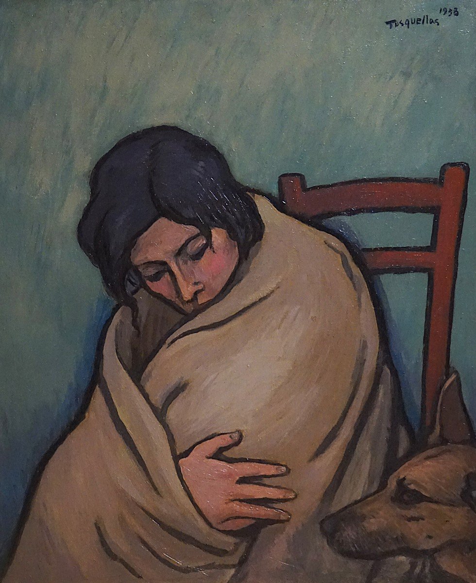 Woman With Dog / Dated 1958 / Miguel Tusquellas Corbella (1884-1969) / Oil On Canvas-photo-1