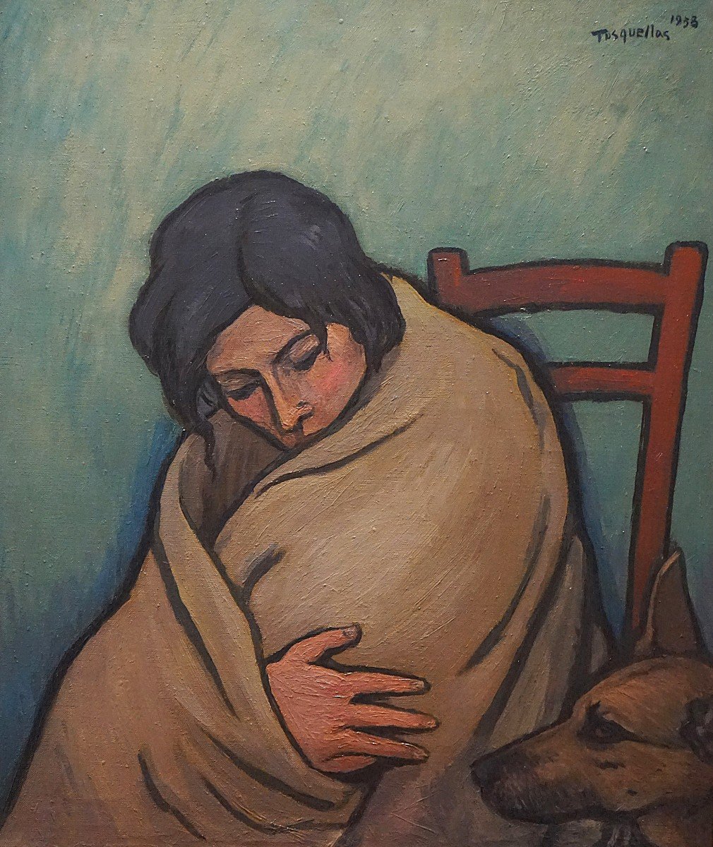 Woman With Dog / Dated 1958 / Miguel Tusquellas Corbella (1884-1969) / Oil On Canvas