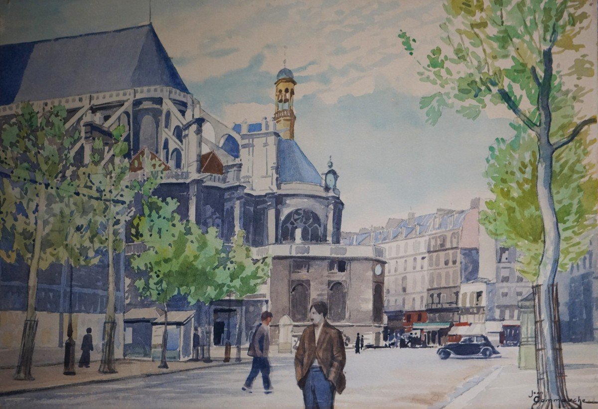 QUARTIER LES HALLES PARIS / CIRCA 1930 / SAINT-EUSTACHE / J.F. COMMAUCHE / aquarelle-photo-2