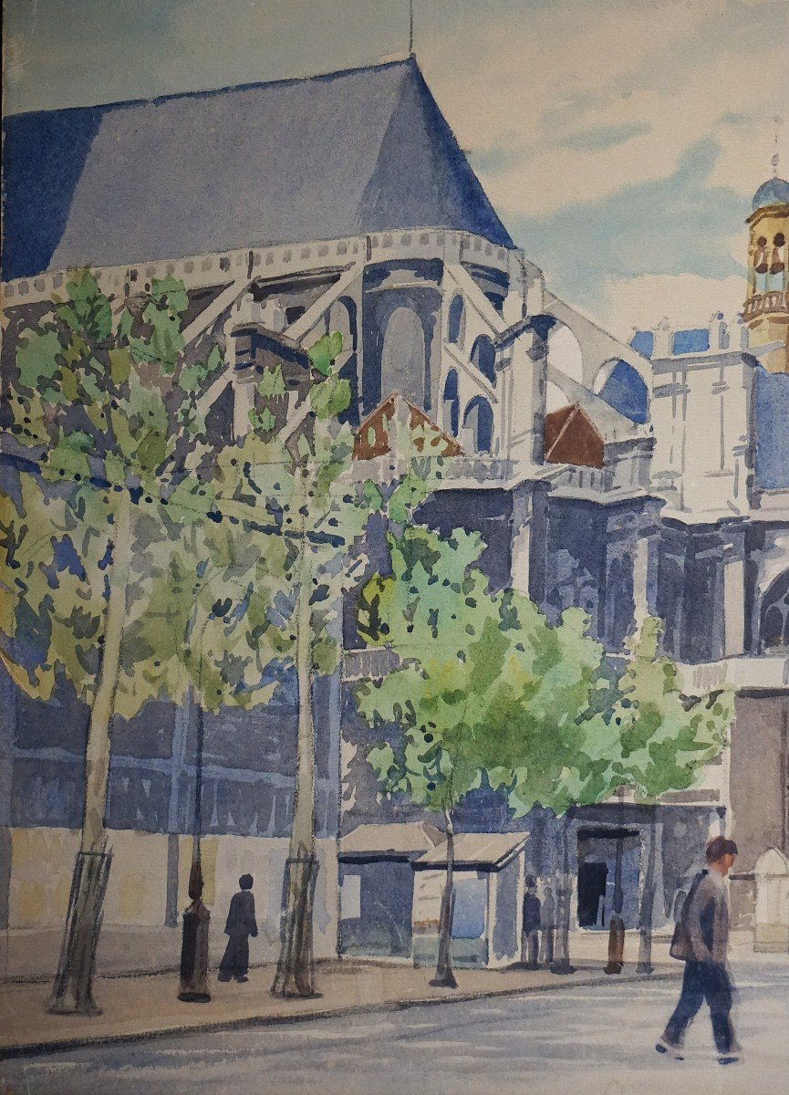 QUARTIER LES HALLES PARIS / CIRCA 1930 / SAINT-EUSTACHE / J.F. COMMAUCHE / aquarelle-photo-3