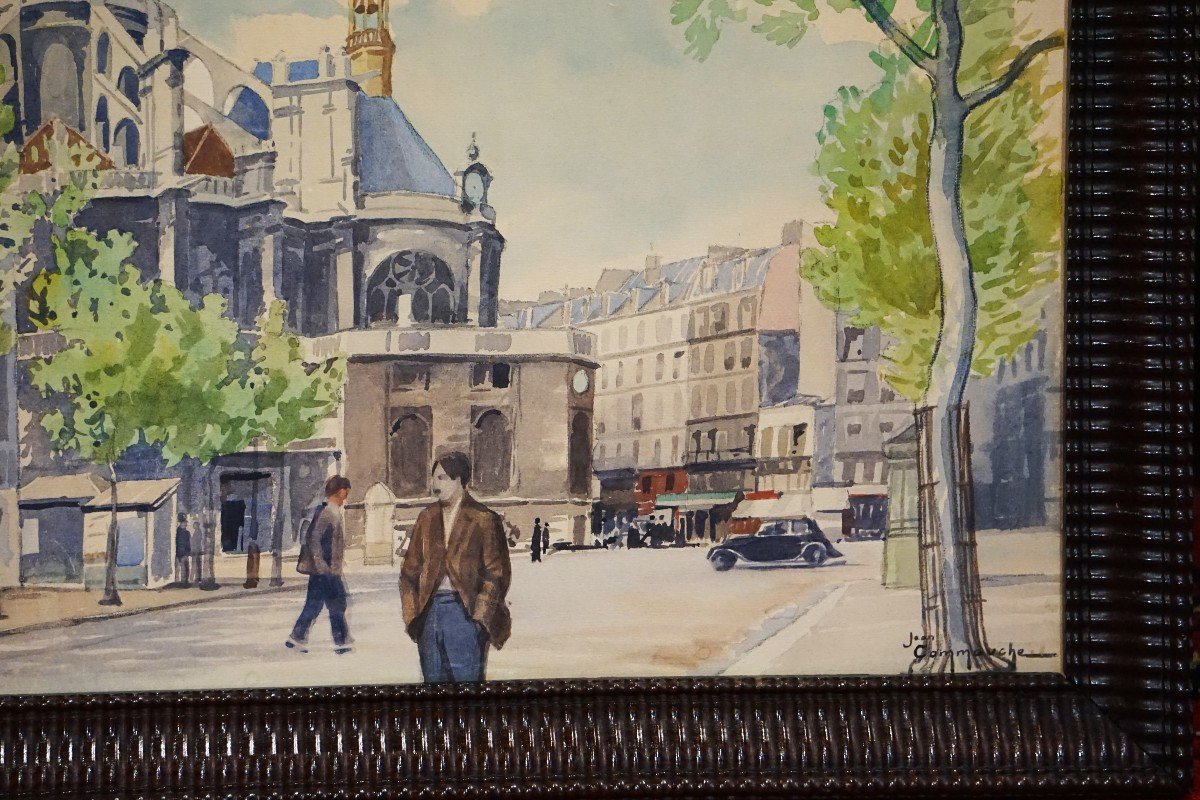 QUARTIER LES HALLES PARIS / CIRCA 1930 / SAINT-EUSTACHE / J.F. COMMAUCHE / aquarelle-photo-1