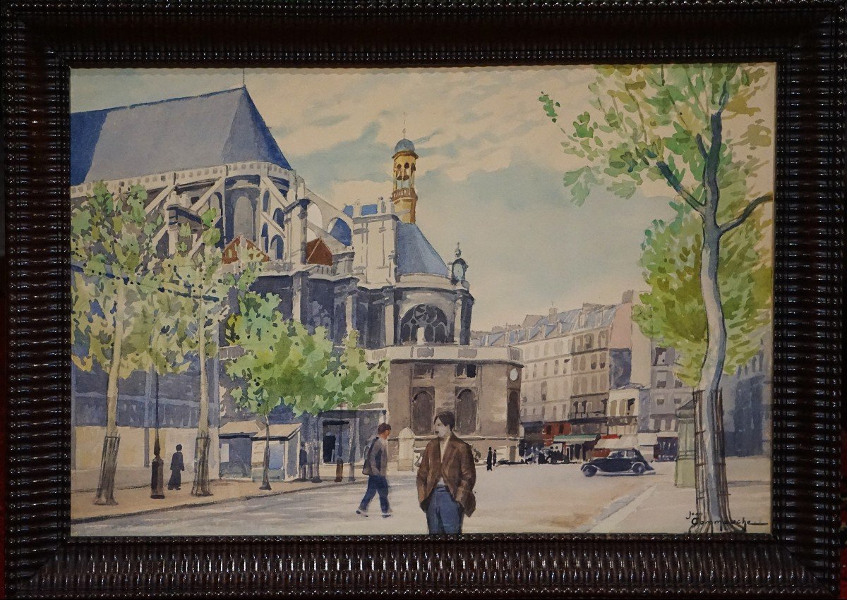 QUARTIER LES HALLES PARIS / CIRCA 1930 / SAINT-EUSTACHE / J.F. COMMAUCHE / aquarelle