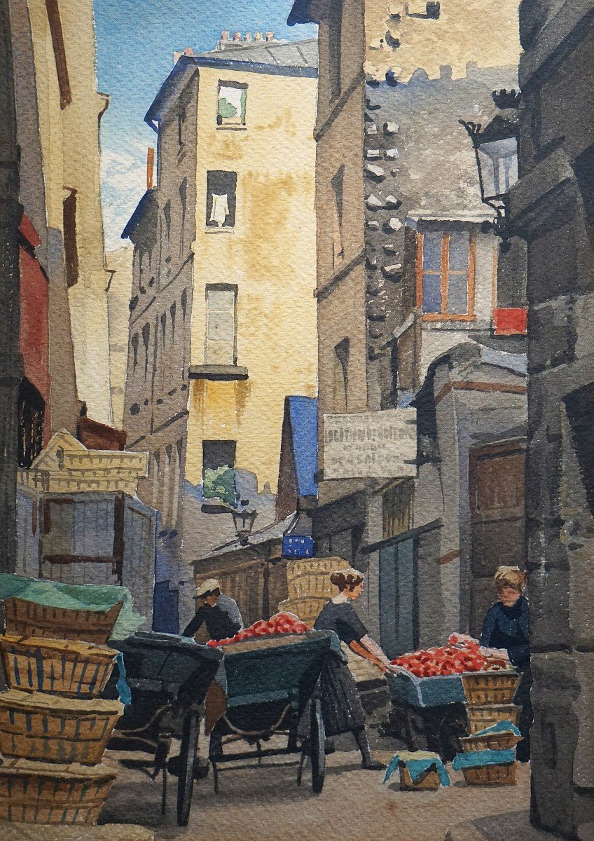 QUARTIER LES HALLES PARIS / CIRCA 1930 / RUE DE VENISE / 4 ème arr. /J.F. COMMAUCHE / aquarelle