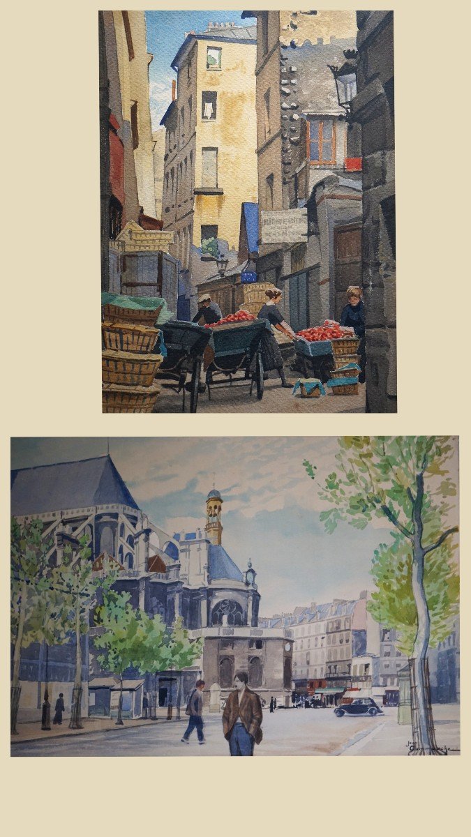 DEUX AQUARELLES / QUARTIER LES HALLES / ANNÉES 30 / PARIS / JF COMMAUCHE