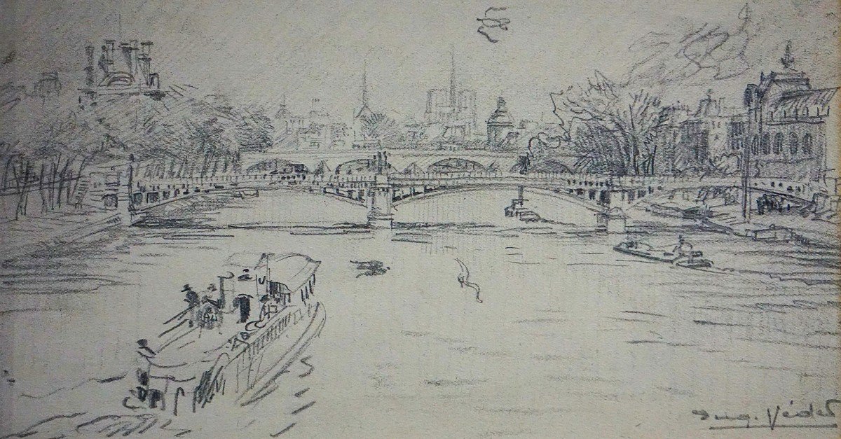 Paris La Seine / Circa 1910 / Old Solferino Bridge (now Gone) / E.veder (1876-1936)