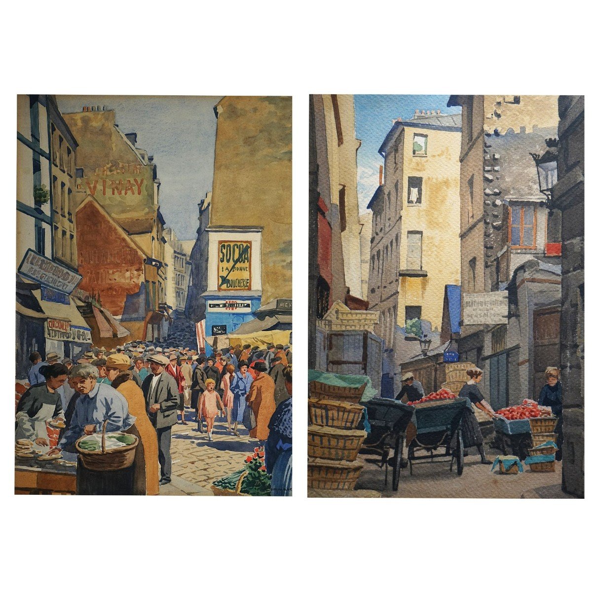 DEUX AQUARELLES / RUE MOUFFETARD - RUE DE VENISE  / ANNÉES 30 / PARIS / JF COMMAUCHE 