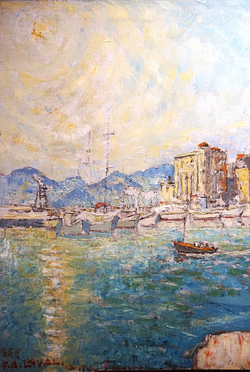 PORT DE CANNES & SUQUET / ANNÉE 1959 /  FERNAND LAVAL (1886-1966) / huile sur toile-photo-2