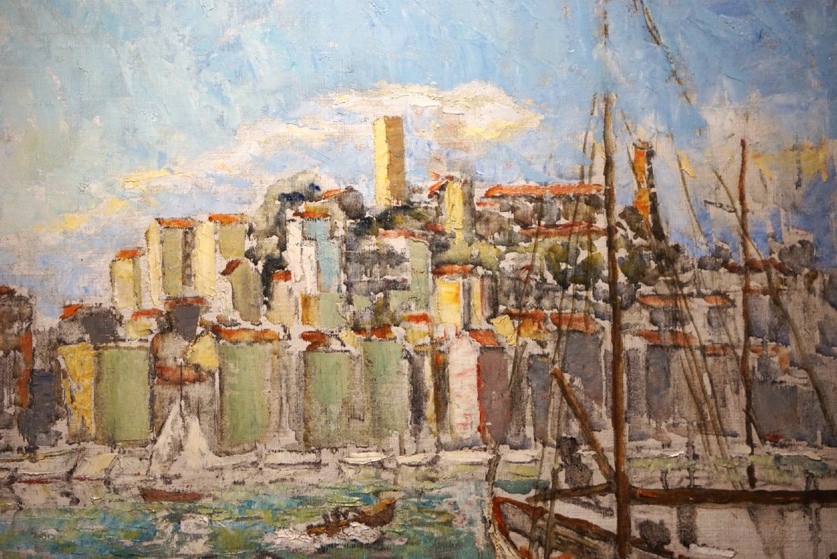 PORT DE CANNES & SUQUET / ANNÉE 1959 /  FERNAND LAVAL (1886-1966) / huile sur toile-photo-1