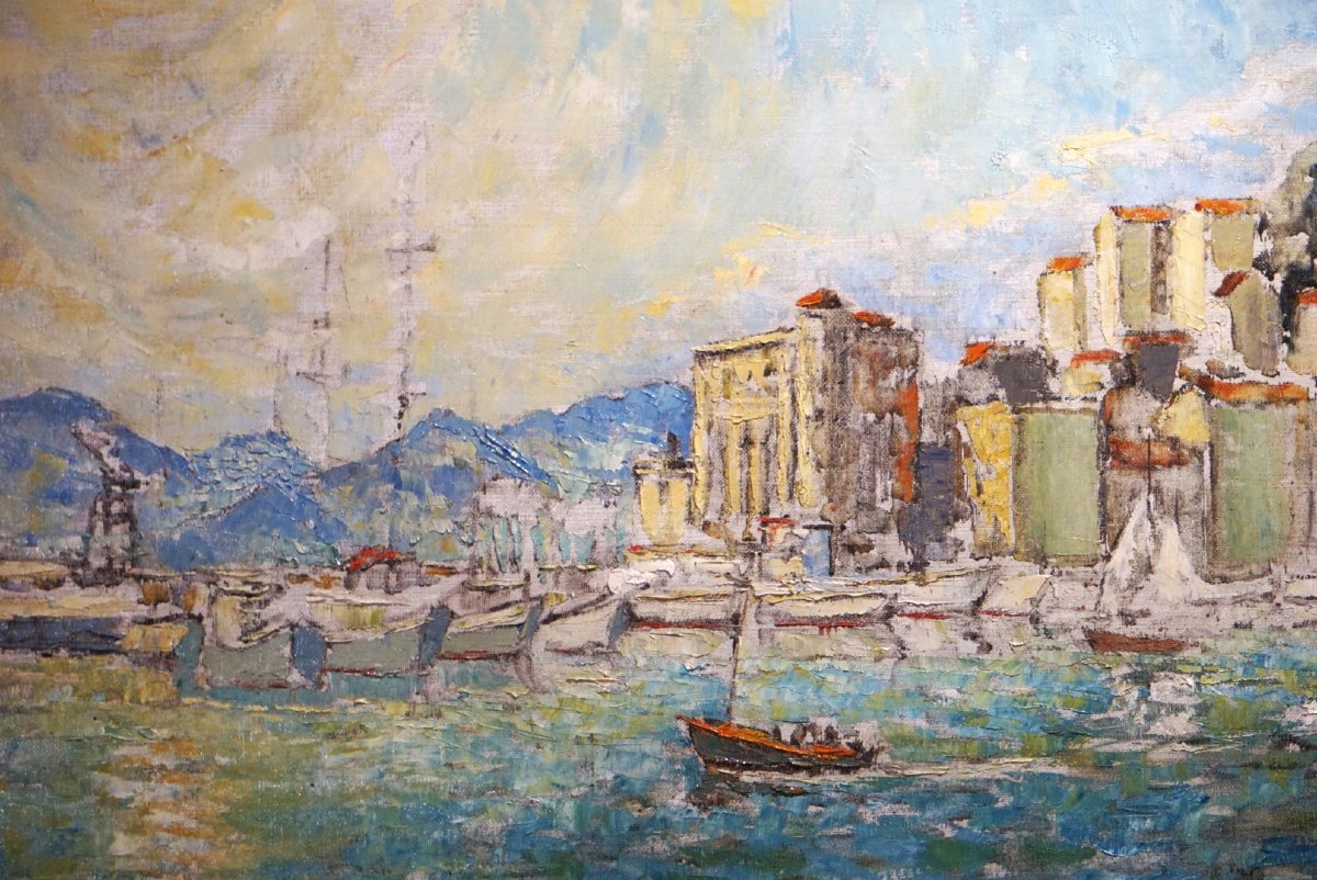 PORT DE CANNES & SUQUET / ANNÉE 1959 /  FERNAND LAVAL (1886-1966) / huile sur toile-photo-2