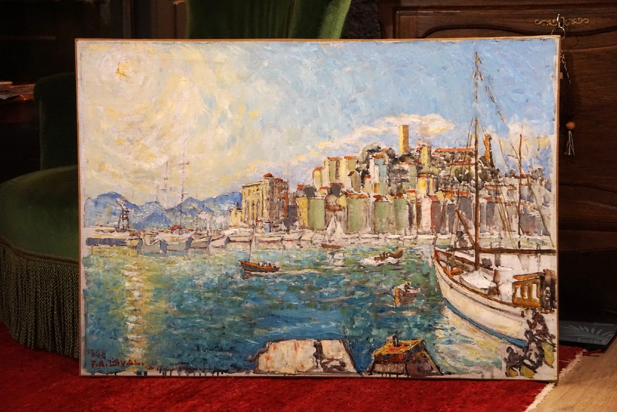 PORT DE CANNES & SUQUET / ANNÉE 1959 /  FERNAND LAVAL (1886-1966) / huile sur toile-photo-3