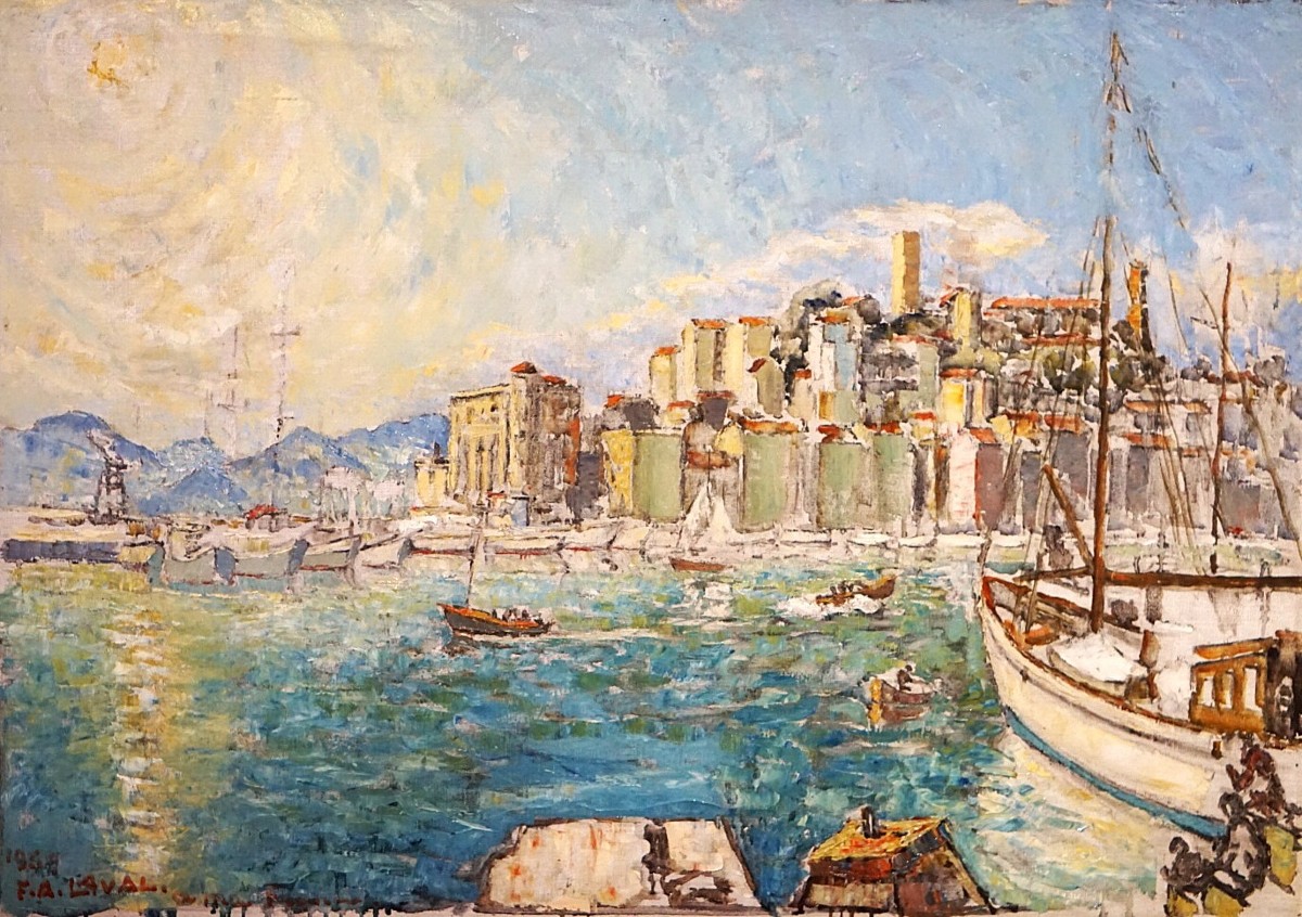 PORT DE CANNES & SUQUET / ANNÉE 1959 /  FERNAND LAVAL (1886-1966) / huile sur toile