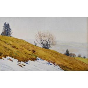 Paysage Montagnes du Jura. Aquarelle de Paul Émile Ingold (1873-1958)