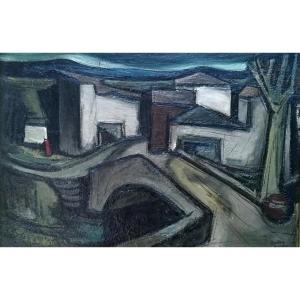 Village  /magnifique œuvre moderne / huile sur panneau de Pierre André Bouey