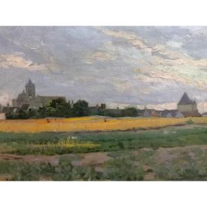 Henri Saintin (1846-1899) Village et champs de blé / Huile Sur Toile 