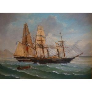 ÉCOLE FRANÇAISE  XIXème siècle / Navires à voile et à vapeur: passé et futur /  huile sur toile