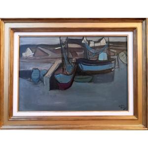 ÉCOLE BRETONNE / Pierre André Bouey / Vue du Port de DOËLAN / datée 1963 / huile sur toile