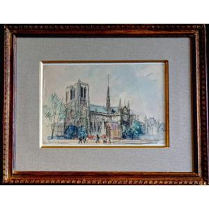 PARIS / NOTRE DAME / ANNÉES 20 / EUGÈNE VÉDER (1876-1936) / AQUARELLE