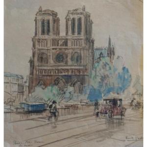 PARIS / QUAI DE NOTRE DAME / ANNÉES 20 / EUGÈNE VÉDER (1876-1936) / AQUARELLE