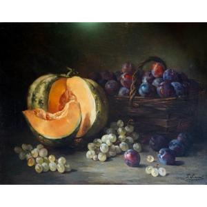 NATURE MORTE À LA CITROUILLE ET FRUITS / XIX ème siècle/ P. SIMONET