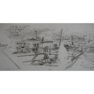 PARIS / LAVOIRS FLOTTANTS SUR LA SEINE / ANNÉES 20 / EUGÈNE VÉDER (1876-1936) / DESSIN