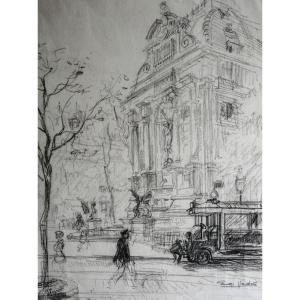 PARIS / PLACE SAINT MICHEL / QUARTIER LATIN /ANNÉES 20 / EUGÈNE VÉDER (1876-1936) / DESSIN AU FUSAIN 