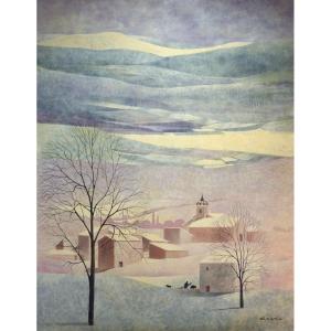 LE LUBERON / PROVENCE / VILLAGE SOUS LA NEIGE / JOHN DEVIC / huile sur toile