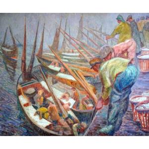 GEORGES GRIOIS (1872-1944) / RETOUR DE PÊCHE AUX HARENGS / BOULOGNE-SUR-MER / huile sur toile 