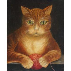 ÉCOLE NAÏVE DU XIX ème siècle / PORTRAIT DE CHAT / huile sur papier