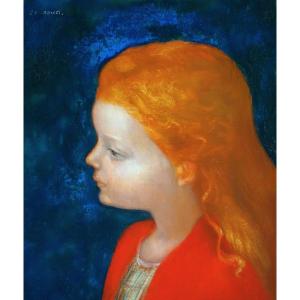 LUCIEN PHILIPPE MORETTI (1922-2000) / PORTRAIT DE PETITE FILLE ROUSSE / huile sur toile