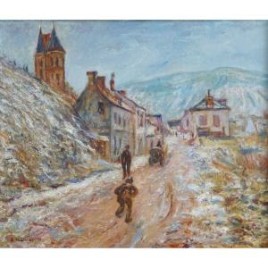 RUE DU VILLAGE DE VÉTHEUIL EN HIVER ( REPRISE DE CLAUDE MONET ) / milieu du XX ème siècle / huile sur toile