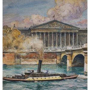 PARIS / ASSEMBLÉE NATIONALE ET LA SEINE / ANNÉES 30 / gouache