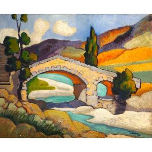 DRÔME PROVENÇALE / PROVENCE / MONTBRUN-LES-BAINS / 1949 / COLBERT CASSAN / huile sur toile