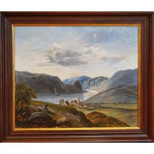 19th C. Swiss School / Village By The Lake / Oil On Canvas