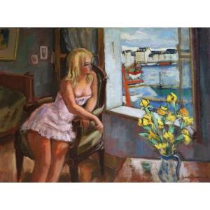 ANNÉES 50 / GEORGES PACOUIL (1903-1996) / FEMME À LA FENÊTRE AVEC VUE SUR PORT / huile sur t.