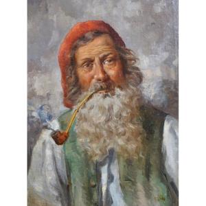 ÉCOLE ITALIENNE FIN XIX / HOMME À LA PIPE / huile sur toile