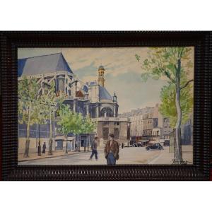 QUARTIER LES HALLES PARIS / CIRCA 1930 / SAINT-EUSTACHE / J.F. COMMAUCHE / aquarelle