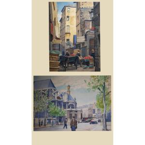 Two Watercolors / Les Halles District / 1930s / Paris / Jf Commauche