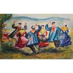 CANTAL - AUVERGNE / JEAN TOTH (1900-1967) / "La bourrée tournante" / GOUACHE /