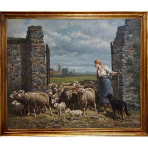 Barbizon / Charles-francois Ceramano (1829-1909) / The Sheepfold / Oil On Canvas