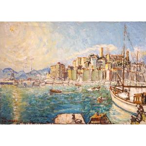 PORT DE CANNES & SUQUET / ANNÉE 1959 /  FERNAND LAVAL (1886-1966) / huile sur toile