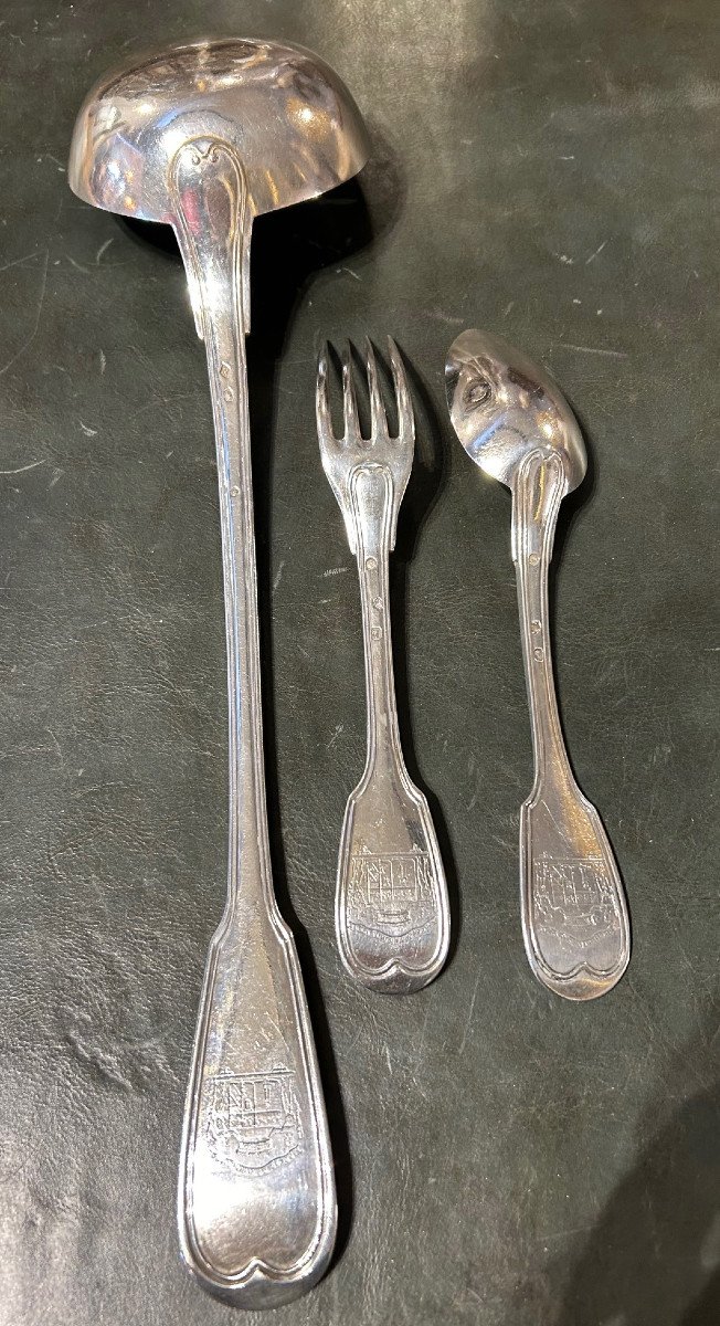 Mid-19th Century Silver Cutlery With Alliance Coat Of Arms Mallet/oberkampf