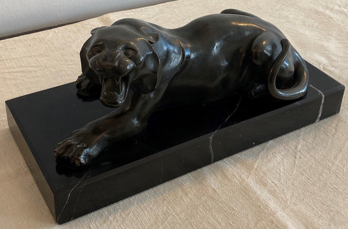 Roaring Lioness In Bronze On Marble Art Deco XXth-photo-2