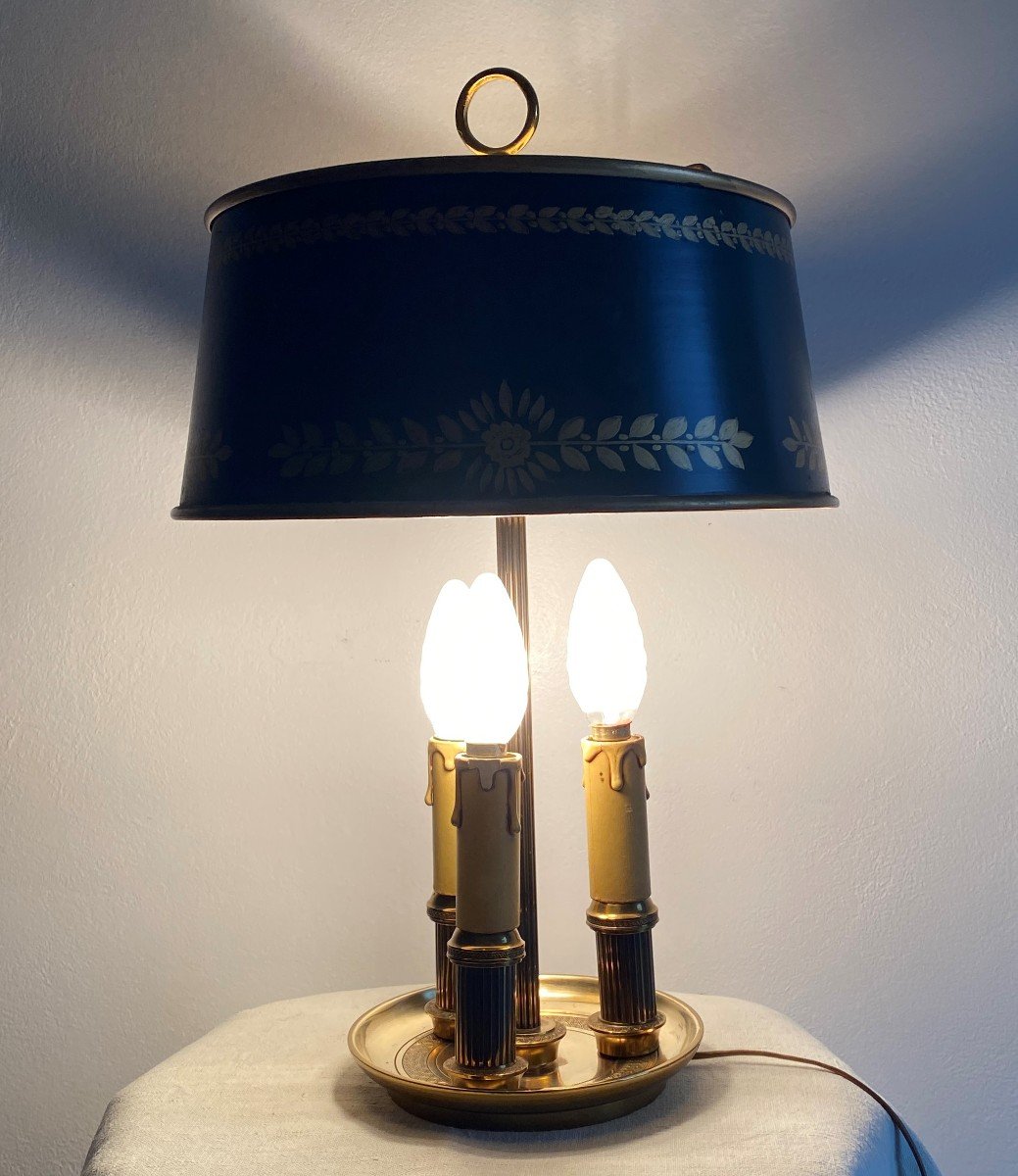 Lampe Bouillotte En Bronze Dorée Et Tôle Peinte à Trois Feux   XX ème-photo-2