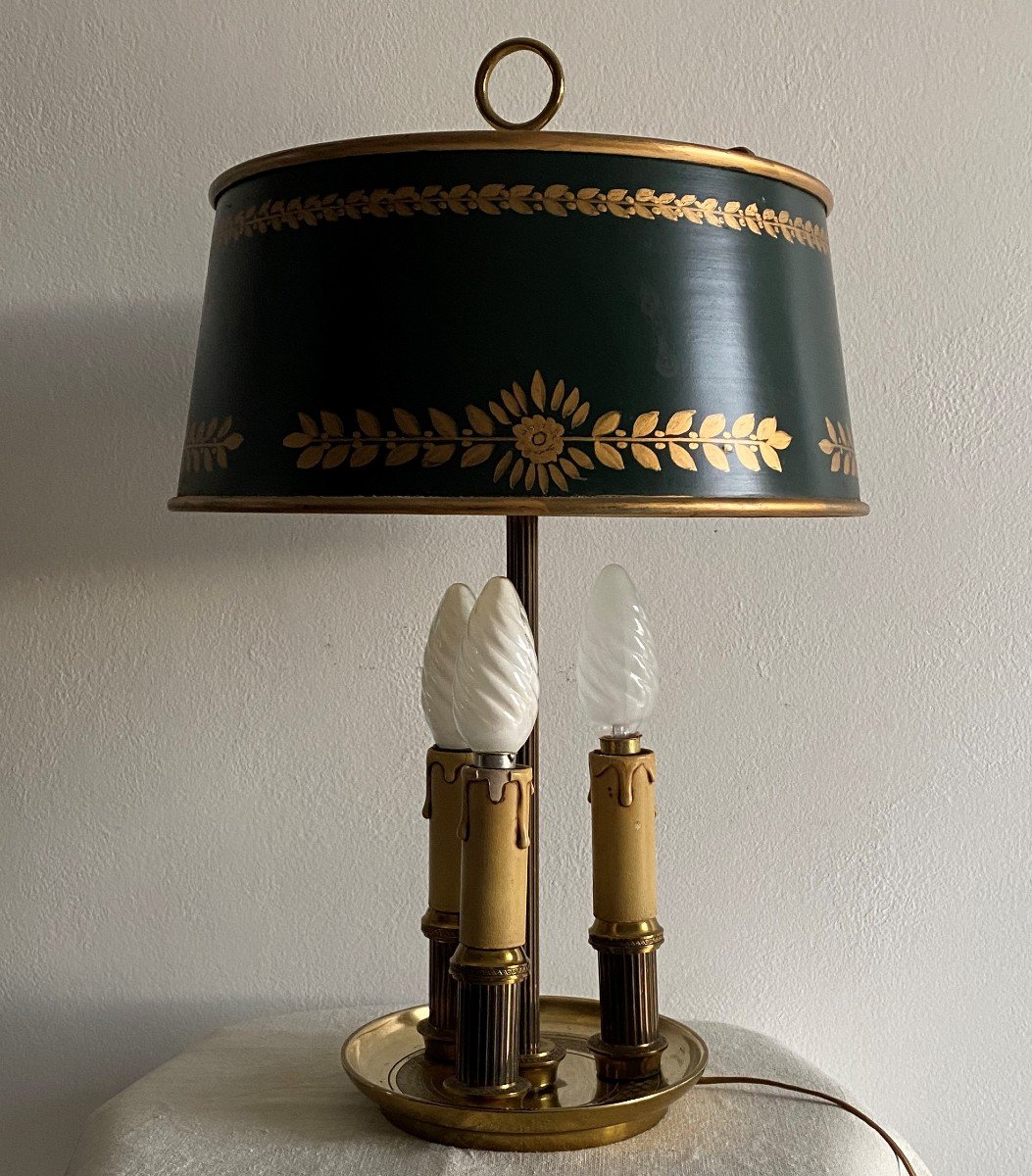 Lampe Bouillotte En Bronze Dorée Et Tôle Peinte à Trois Feux   XX ème