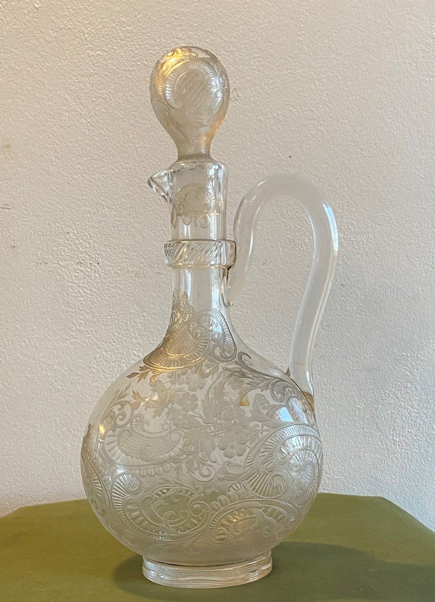 Carafe Ou Aiguière En Verre En Applique, Soufflé Et Gravé à La Roue XVIII ème