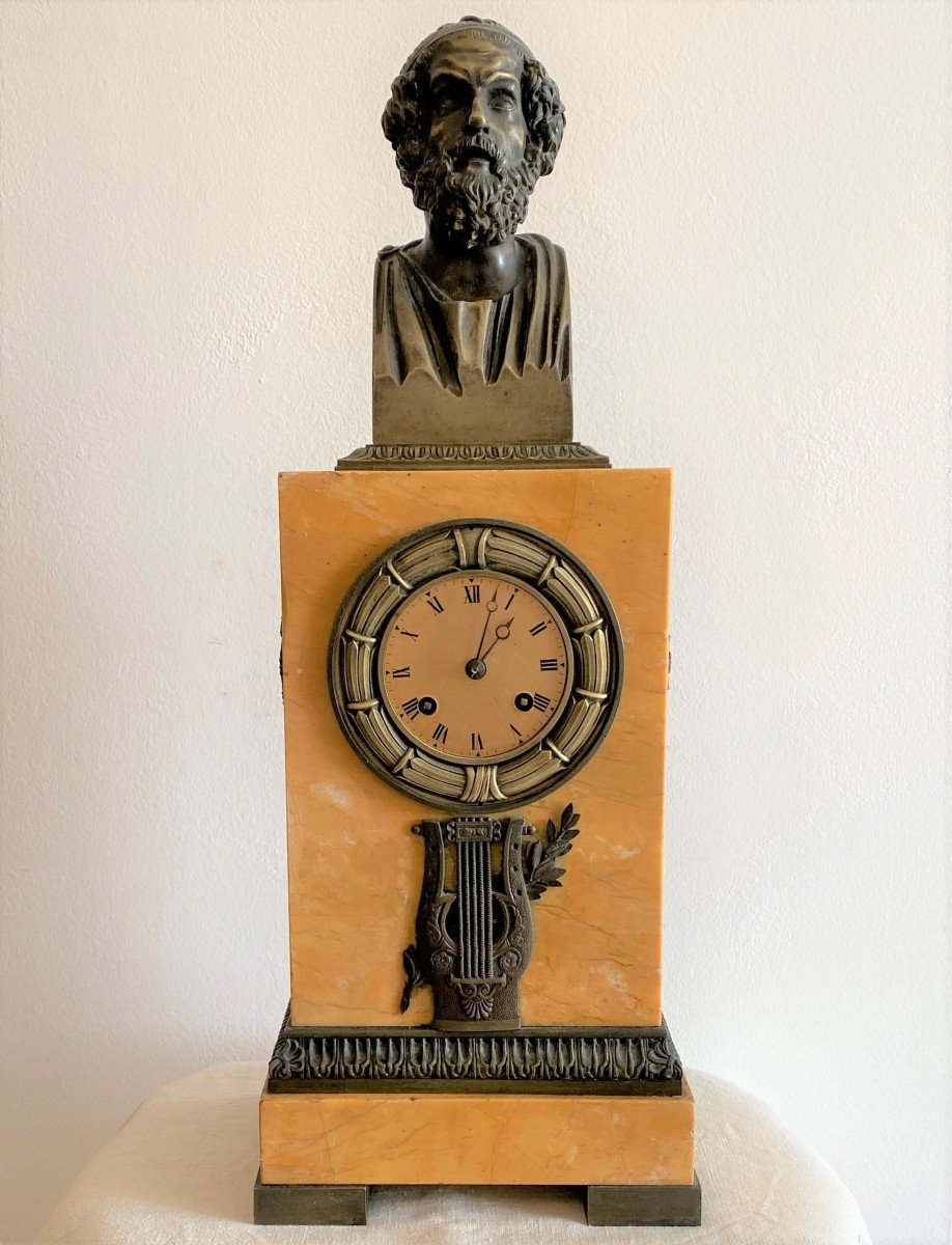 Charles X Clock In Marble And Bronze Representing The Poet Homer XIX